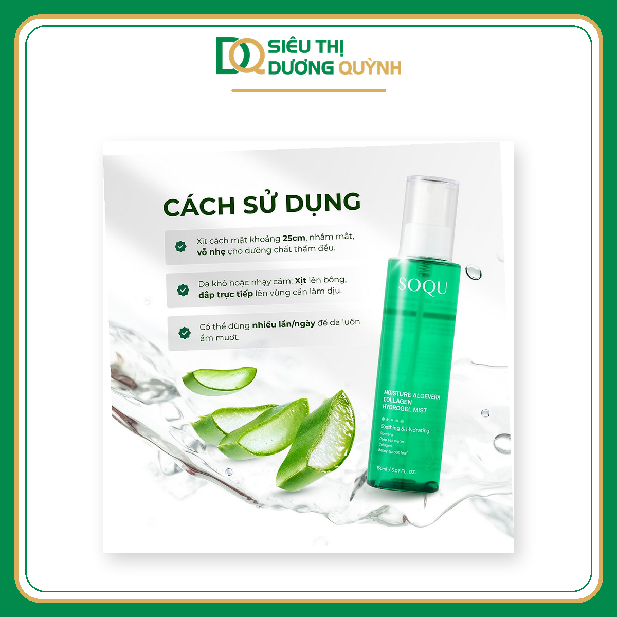 Xịt khoáng SOQU Aloe Vera Collagen 150ml